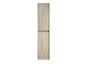 Meuble de salle de bains haut et étroit, 140 cm, 2 portes et étagères intérieures, finition chêne crème.
