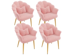 Lot de 4 fauteuils de salle à manger avec dossier pétale, accoudoirs, coussin nœud et pieds en métal doré, tissu bouclette teddy, rose