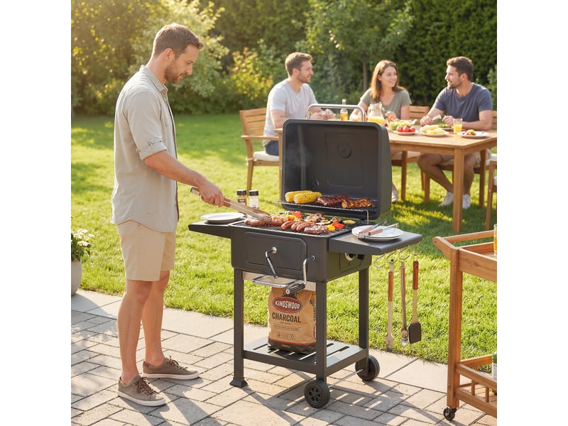  Barbecue à charbon avec couvercle et thermomètre, fumoir à cheminée réglable, chariot mobile  - Conforama D