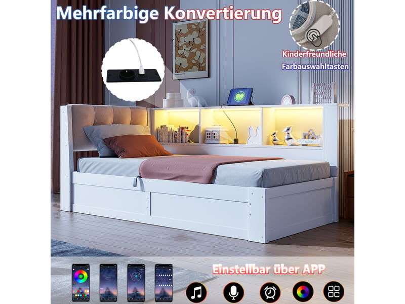  Lit de jour 90x200 cm avec rangement hydraulique - lit banquette en bois avec led, usb et étagères blanc  - Conforama D