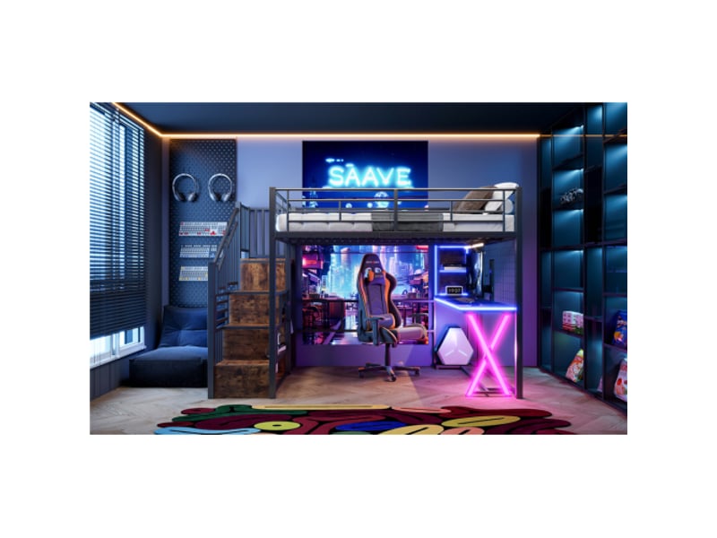 Lit mezzanine noir 140x200 avec bureau intégré, armoire, étagères, échelle de rangement et led – sans matelas - Conforama D