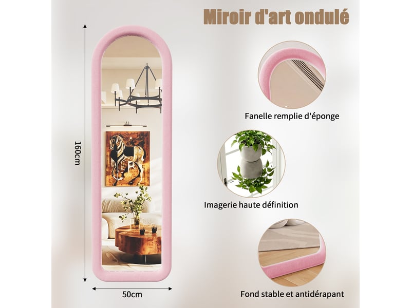  Miroir plein pied arche 160x50 cm, cadre rembourré en flanelle rose, miroir au sol décoratif pour chambre et salon  - Conforama C