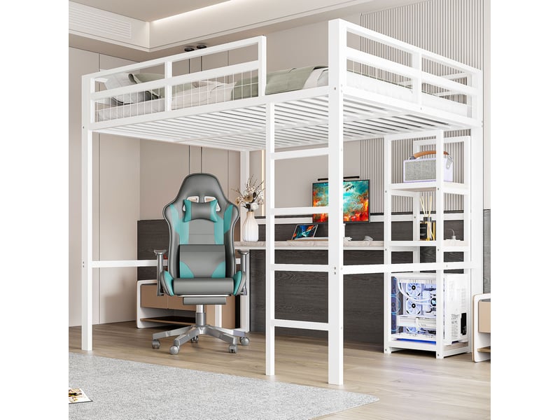  Lit mezzanine 140 x 200 cm en métal avec bureau, étagères, usb-c, blanc  - Conforama B