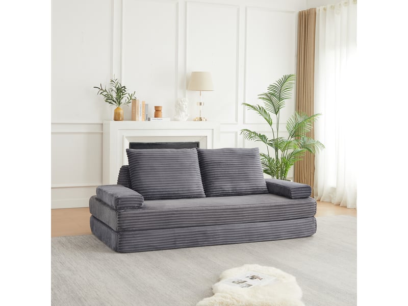  Canapé convertible 2 places en velours côtelé 211 cm, convertible sofa et lit, 2 dossiers triangulaires, 2 coussins, gris  - Conforama B