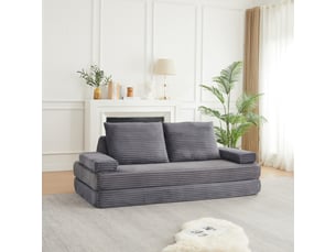 Canapé convertible 2 places en velours côtelé 211 cm, convertible sofa et lit, 2 dossiers triangulaires, 2 coussins, gris
