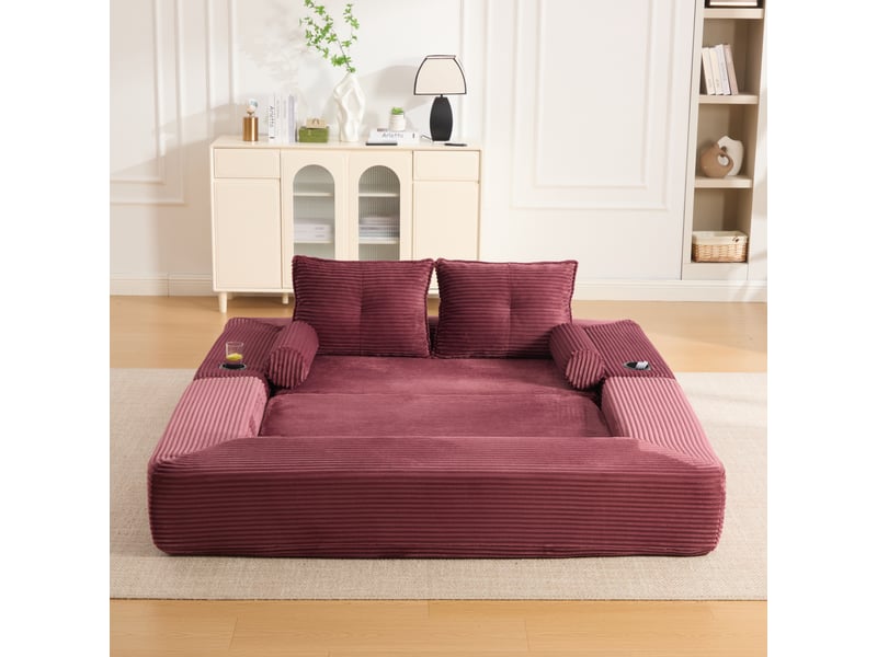  Canapé-lit 180x98x80 cm modulable avec porte-gobelet, velours côtelé rouge bordeaux  - Conforama D