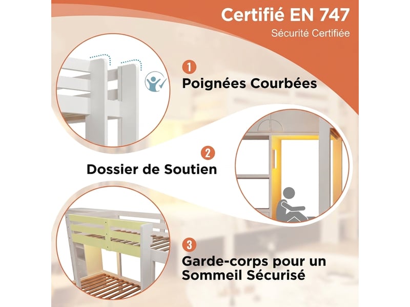 Lit superposé 90x200 avec rangement décalé - veilleuse led armoire tiroirs bois blanc - Conforama B
