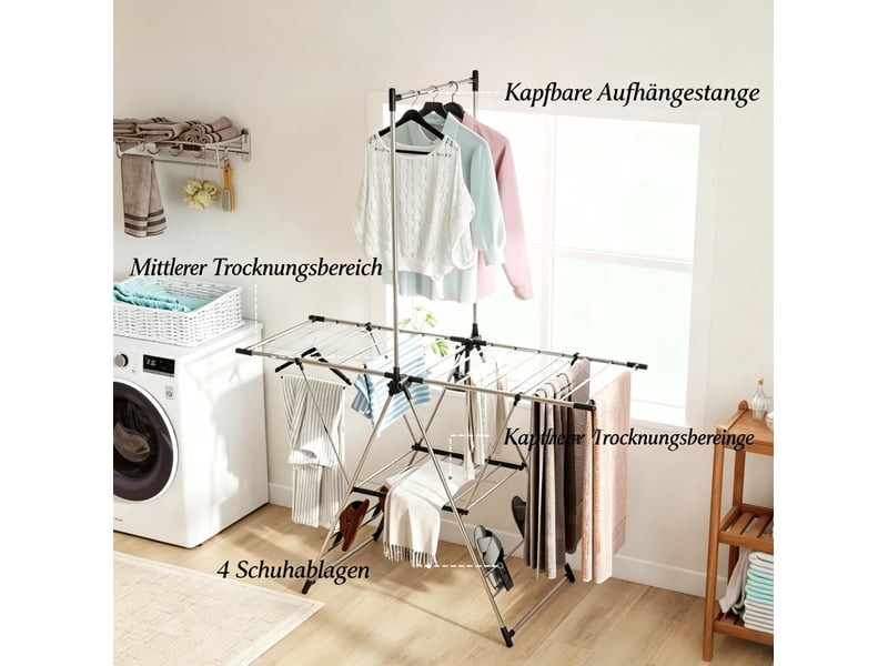  Séchoir à linge pliable 139 x 62,5 x 201 cm – argent – ailes réglables sur 5 niveaux et 4 supports chaussures  - Conforama E