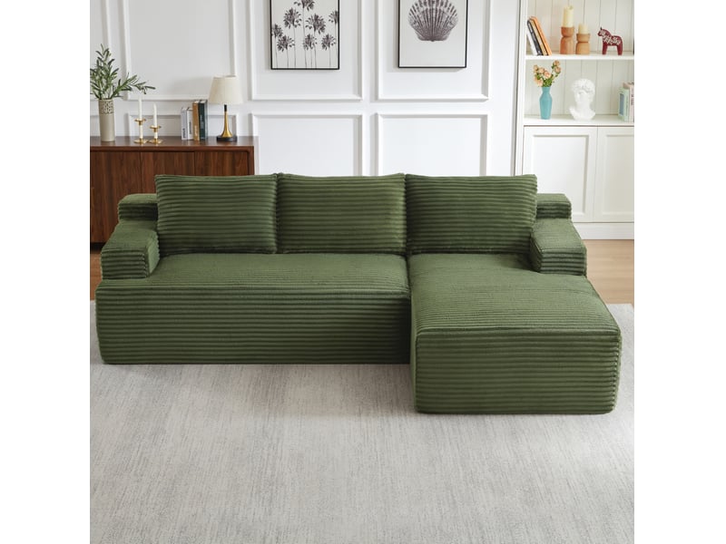  Canapé d'angle compressé en l 238x152x66 cm modulable 3 places, pour salon, pratique, mousse et velours côtelé, vert  - Conforama B