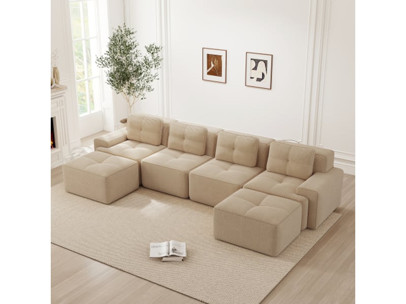  Canapé modulable 4 places en u velours côtelé avec méridienne, base antidérapante et montage facile  - Conforama R