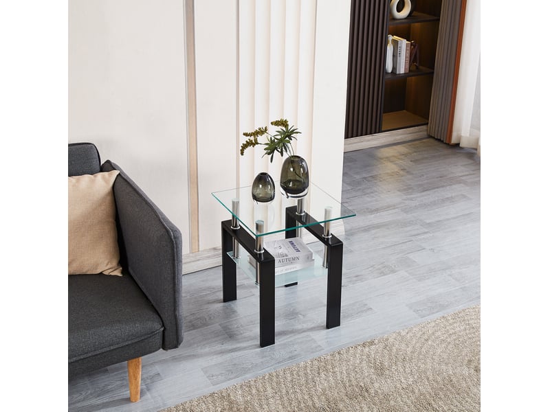 Table basse en verre trempé 50,5x50,5x23 cm – transparent – double plateau, pieds noirs, style moderne - Conforama B