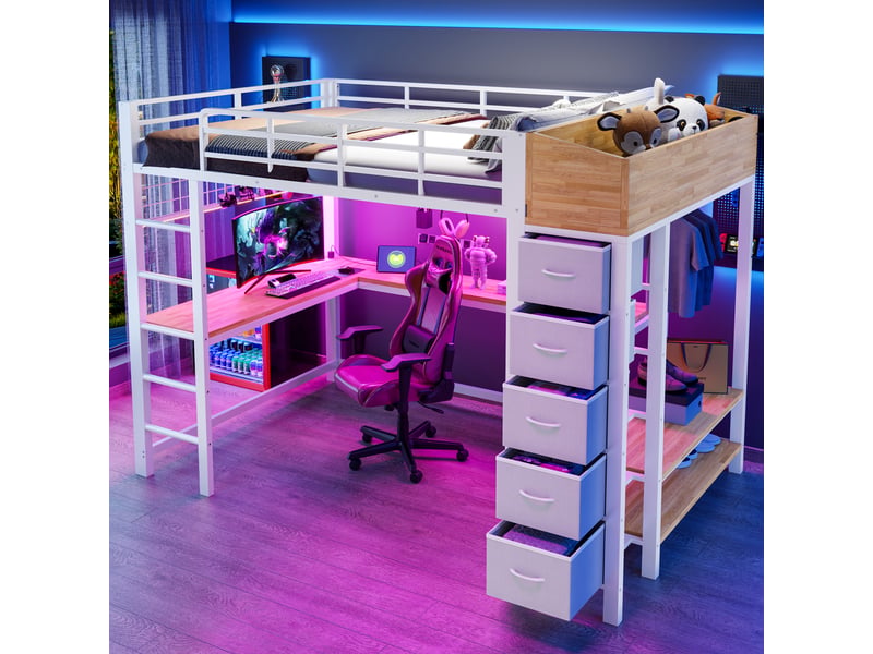  Lit mezzanine gaming 140 x 200 cm avec grand bureau, led multicolore, prises usbusb-c, 5 tiroirs en tissu et penderie en métal blanc sans matelas  - Conforama R