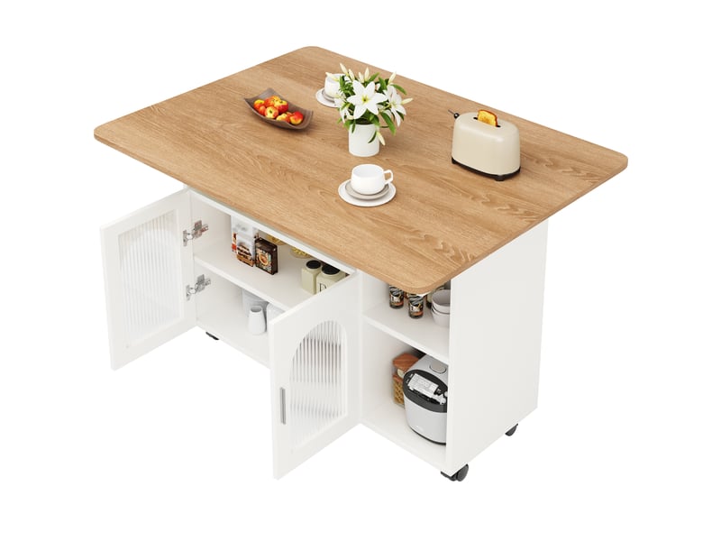  Îlot de cuisine avec plateau rabattable et desserte de cuisine sur roulettes, meuble de rangement blanc en mdf avec portes en verre, 120x70x79.5cm  - Conforama R