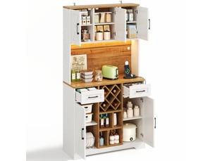 Buffet de cuisine haut 105 x 40 x 180 cm – naturel et blanc – led rgb, prises usb et casier à vin amovible