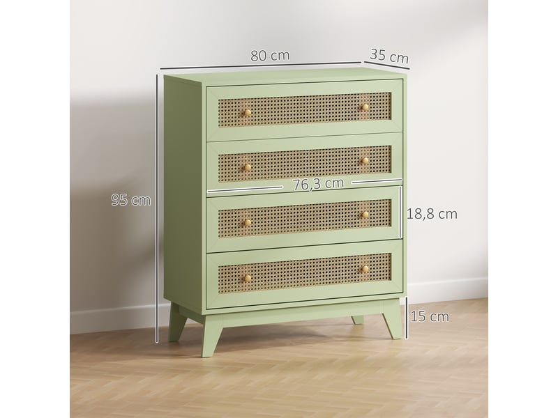  Commode 4 tiroirs meuble de rangement cannage en rotin aspect bois clair vert 80 x 35 x 95 cm  - Conforama C
