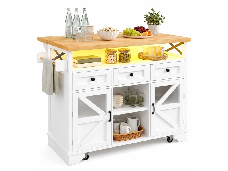  Desserte de cuisine 120x71x98 cm avec table rabattable, led commandée par application, métal et mdf blanc  - Conforama B