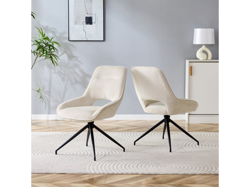  Chaise de salle à manger pivotante 360° avec assise rembourrée et dossier ergonomique, en tissu beige et métal noir  - Conforama D