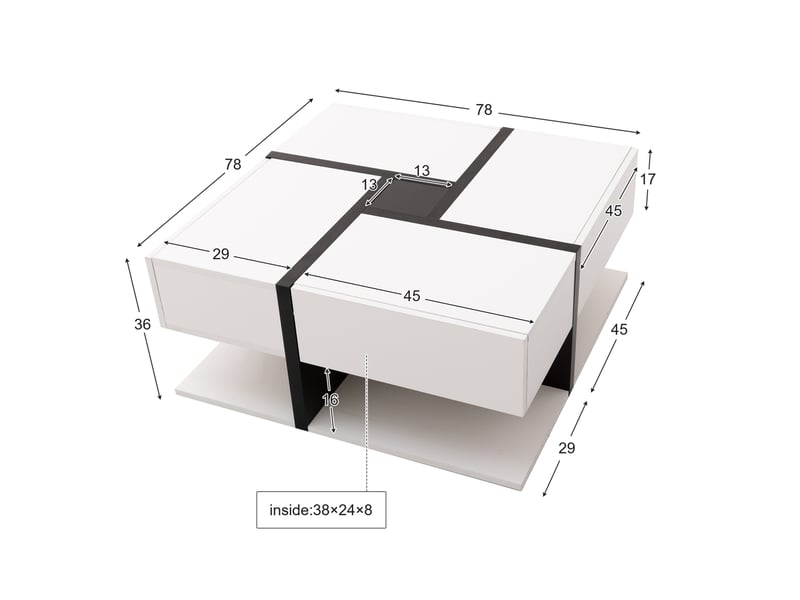  Table basse carrée 78x78x36 cm avec 4 tiroirs, blanc et noir brillant  - Conforama E