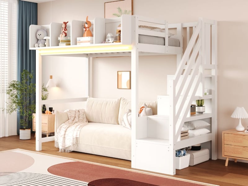  Lit mezzanine 90 x 200 cm éclairage led lit simple structure multifonctionnelle barrière de sécurité étagère de rangement échelle d'accès espace de rangement sous le lit blanc  - Conforama C