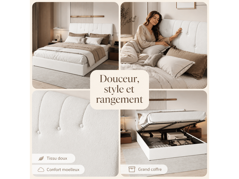  Lit coffre hydraulique 140x190 avec sommier à lattes - tête de lit rembourrée  - rangement - velours teddy - lit double 2 personnes 140x190cm avec , tête de lit capitonné avec chargement usb type-c, 2 personnes, tissu sherpa, bl…  - Conforama W