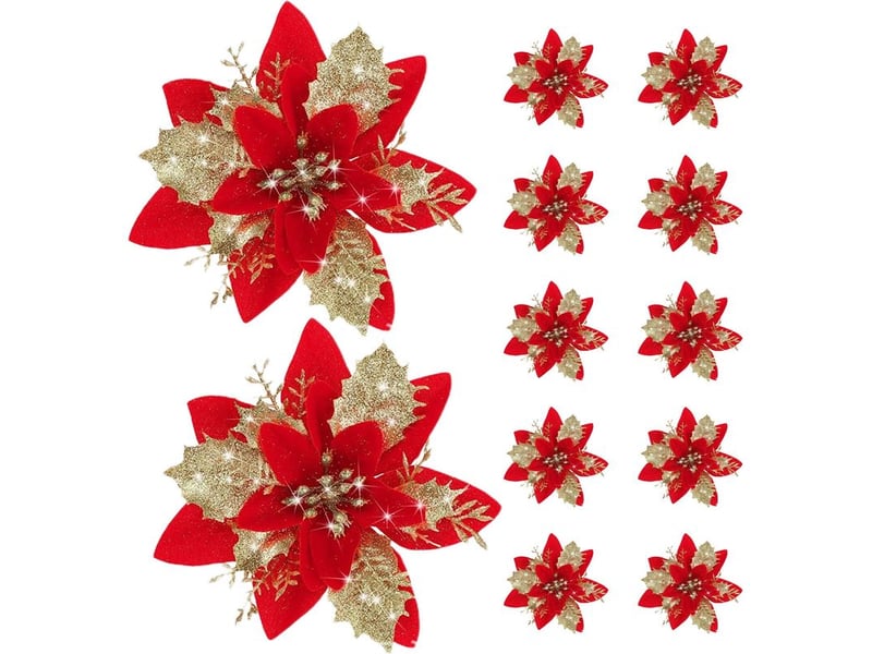  Poinsettias - fleurs artificielles noël - décor festif porte arbre table - 12 pièces - rouge - 14,5 x 14,5 cm - plastique  - Conforama A