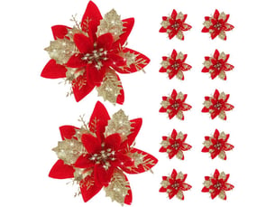 Poinsettias - fleurs artificielles noël - décor festif porte arbre table - 12 pièces - rouge - 14,5 x 14,5 cm - plastique