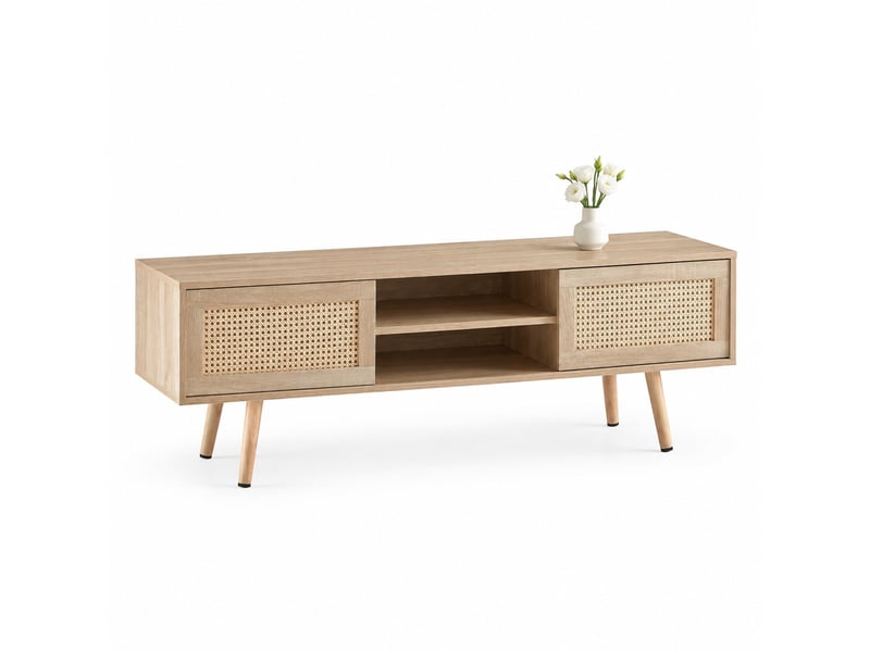  Meuble tv portes coulissantes cannage 140x40x46,5 cm, tablettes réglables, rangements, en bois naturel, mdf  - Conforama A