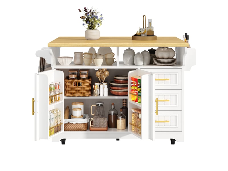 Îlot de cuisine mobile 120x40-80x95 cm, avec plateau rabattable, 3 tiroirs, étagères réglables, porte-serviette - blanc - Conforama A