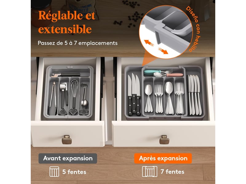  1 tiroir à couverts extensible gris 33,5 x 37,5 cm, boîte de rangement pour couverts (convient aux cuillères, fourchettes, couteaux)  - Conforama B