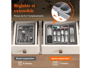 1 tiroir à couverts extensible gris 33,5 x 37,5 cm, boîte de rangement pour couverts (convient aux cuillères, fourchettes, couteaux)