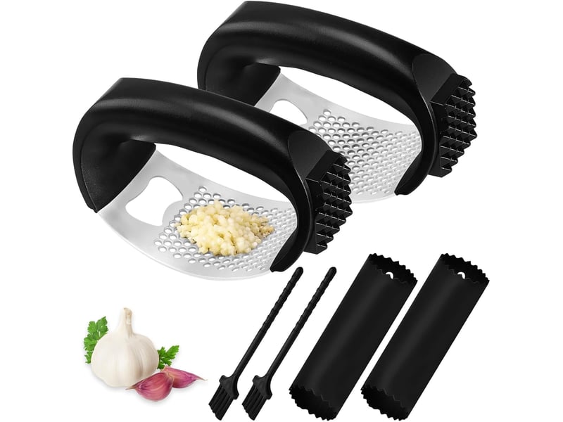  2 pièces presse ail à bascule inox ecrase ail,garlic press rocker facile à utiliser et à nettoyer avec épluche-ail en silicone et brosse nettoyante  - Conforama A