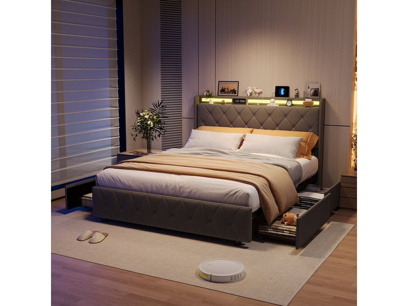  Lit double 140 x 200 cm gris – velours moelleux, tête de lit avec étagère &amp; veilleuse led, ports usbtype-c &amp; 4 tiroirs  - Conforama E