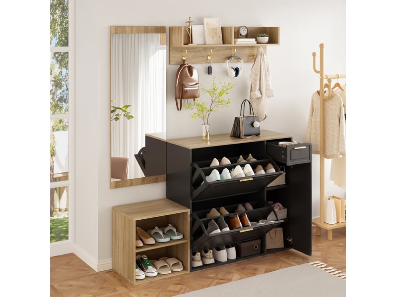  Meubles d'entrée avec meuble à chaussures, banc, porte-manteaux mural et miroir pour couloir, 139,5 × 35 × 166 cm  - Conforama B