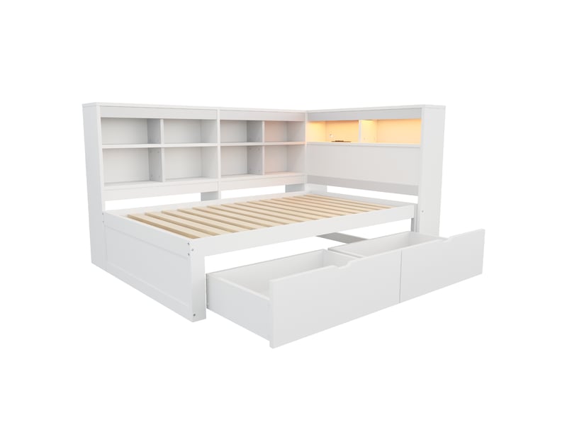  Lit banquette avec rangements, bois massif blanc, 90x200 cm, led, usb et prise intégrée  - Conforama E