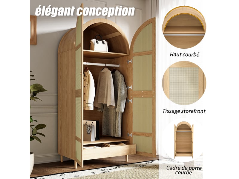Armoire 80x50x179 cm avec penderie, portes en rotin, tiroir et rangement intérieur, design arrondi mdf naturel OMNIGLINT TRADING LTD - Conforama D