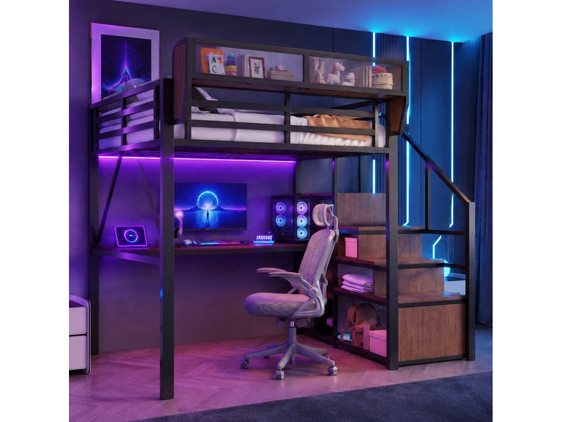 Lit mezzanine 140 x 200 cm en métal avec bureau, led et rangements, noir - Conforama D