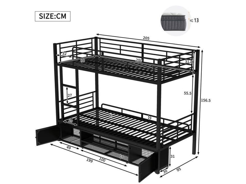 Lit superposé métal noir - range-chaussures intégré + 2 petites armoires - certification en747 - 90x200cm - idéal enfantado CYQ-32073031SAA - Conforama D