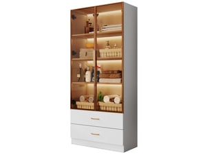 Armoire de salle de bain 75x34,5x170 cm avec bande lumineuse, 2 grands tiroirs, 2 portes en verre mdf blanc