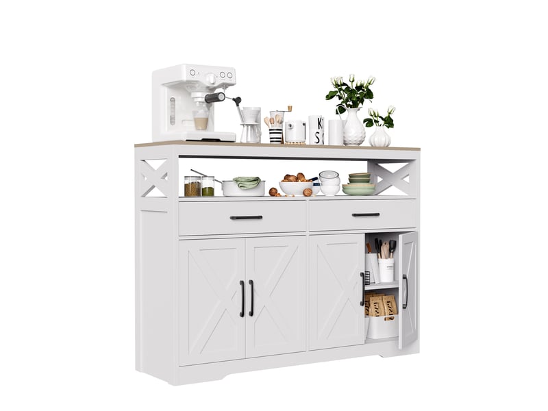  Buffet de cuisine, salle à manger, meuble de rangement avec 2 tiroirs et 3 portes, étagère réglable, pour cuisine, salon, 140x40x105 cm, blanc  - Conforama A