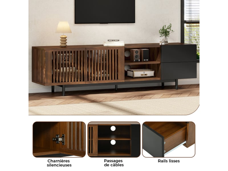  Meuble tv 160 cm mdf – portes à lamelles – tiroirs et compartiments ouverts – design noyernoir pour salon  - Conforama E