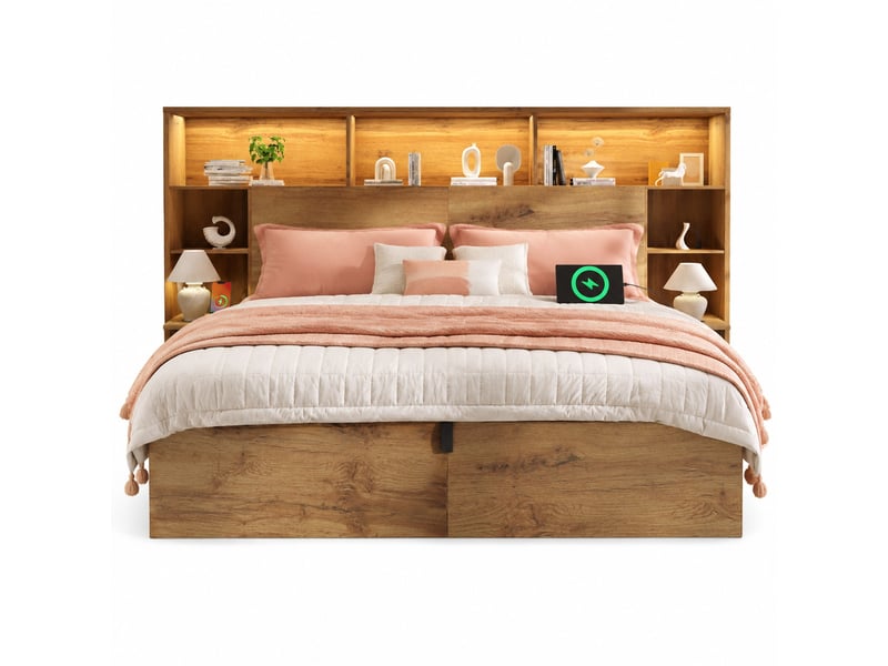  Lit coffre 180x200 cm avec chevets, led, usb-ausb-c et rangement chêne  - Conforama A