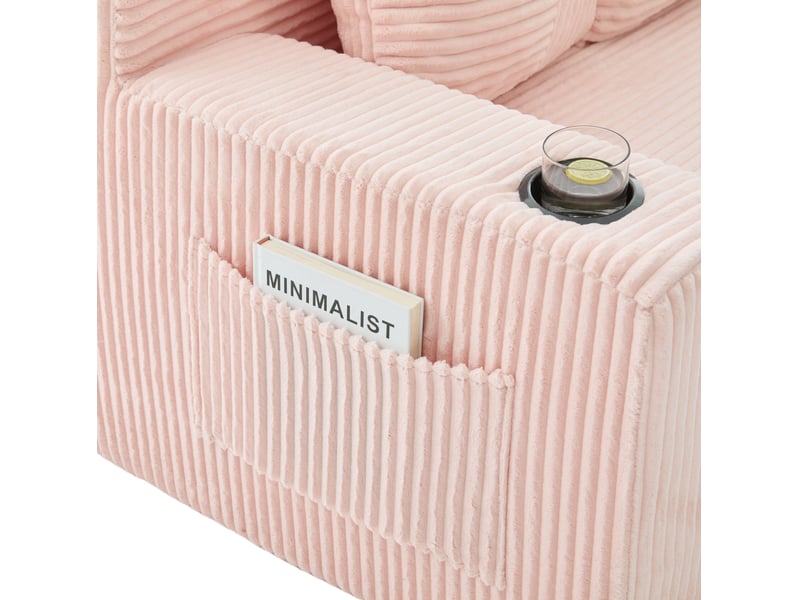  Canapé modulable 3 places 172 x 87 x 64 cm rose en velours côtelé, porte-gobelets et poches latérales  - Conforama E