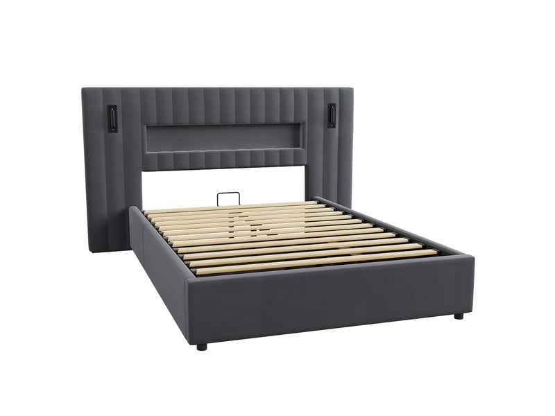  Lit coffre 140x200 cm, lit adulte double avec led et usb, métal et bois, gris (sans matelas)  - Conforama E