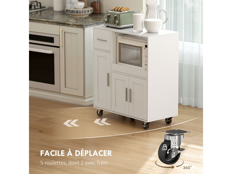 Desserte cuisine à roulettes, meuble micro onde, plateau coulissant, tiroir, placards 3 portes, blanc, 80x40x88,7cm - Conforama W