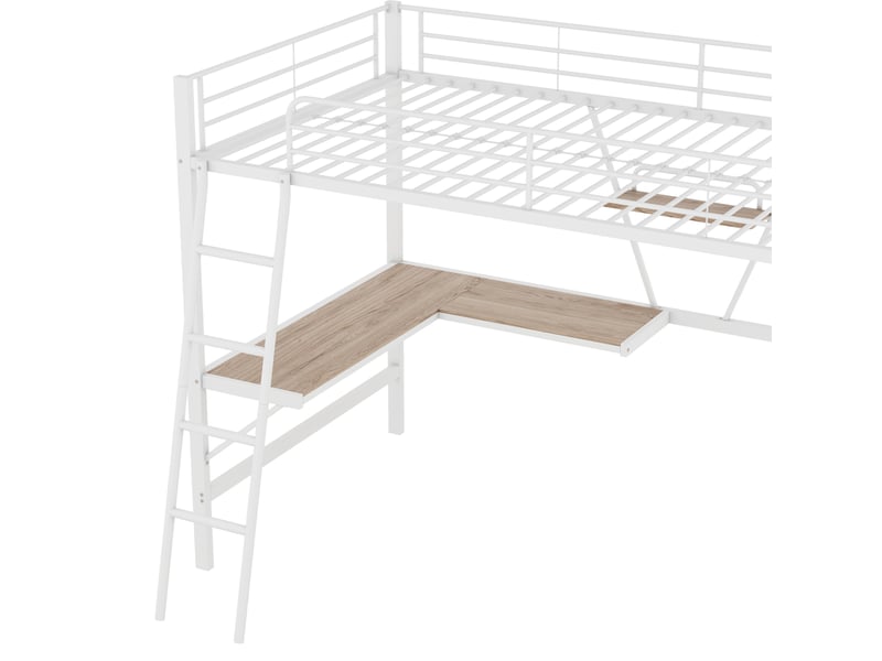  Lit mezzanine 90 x 200 cm avec bureau en l et étagère, structure en métal blanc pour chambre enfant et ado  - Conforama R