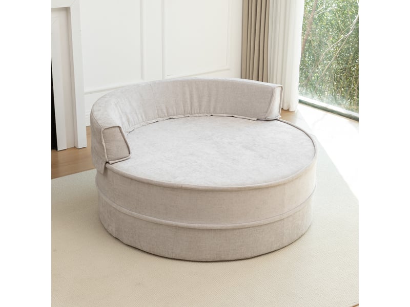  Fauteuil rond gris avec pouf, fauteuil lounge en chenille avec cinq coussins, assise mi-ferme pour salon, 163 x 121 x 66 cm  - Conforama C