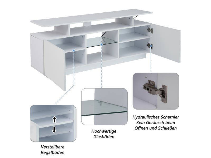 Meuble tv blanc avec led 16 couleurs 140 cm, portes haute brillance et niches en verre pour tv jusqu'à 60 pouces - Conforama E