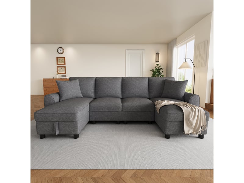  Canapé panoramique 2 places gris en chenille, 280 × 137 × 84 cm, avec rangement et 2 coussins, pour salon  - Conforama E