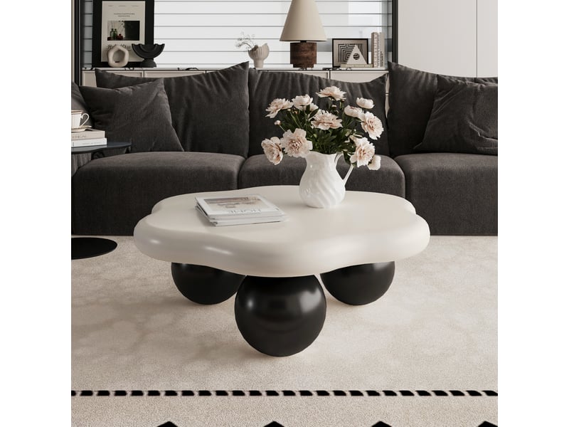  Table basse muvano table de salon minimaliste forme pétale avec plateau blanc crème et pieds boules noirs 79 x 79 cm  - Conforama D