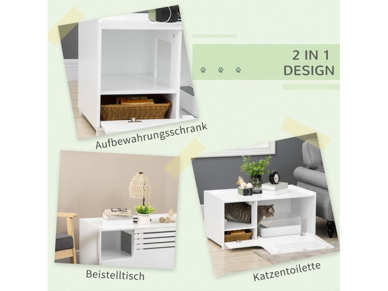  Meuble pour litière féline 90 x 48 x 43,5 cm – blanc – 2 étagères et porte magnétique surélevée  - Conforama E